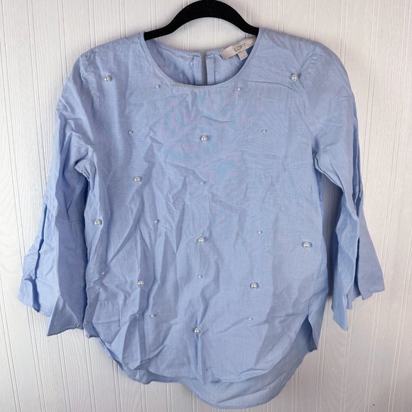 LOFT Blouse Blue bell sleeve size XS Pearl detail - Picture 1 of 5